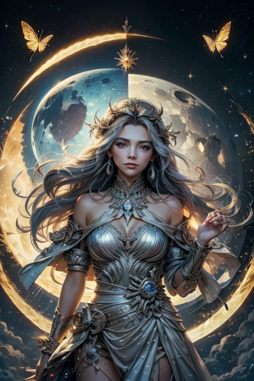 A light sky battle ship surround by the magician circle with inside the orb has a diamond, many shining butterfly, sparkle sky, shining, gust of wind, light bright flowers, sun and moon, dark light of fantastic and cosmological with universal. Amazing view very bright and warm starry. Detail, HD, Enchanted. Dynamic, Gorgeous, Multiple colours. Beautiful perfect face and anatomy. Amazing bright clothes. Very epic and bright. Handsome. Sky half bright, half starry dark, split up sky into day and night.