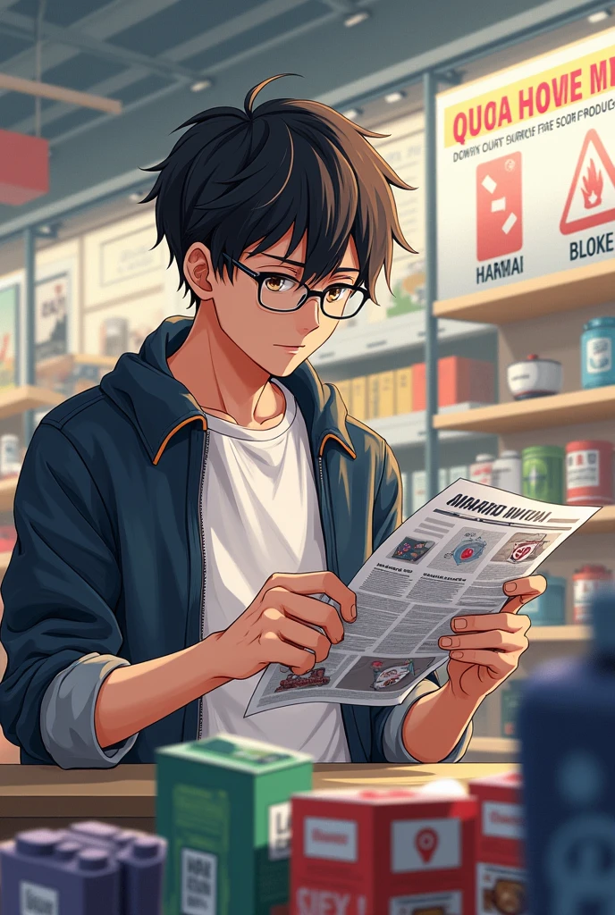 Make a man anime poster carefully comparing and choosing what to buy at store between the real and fake products show the products and he is reading about an article showing what is real and fake product