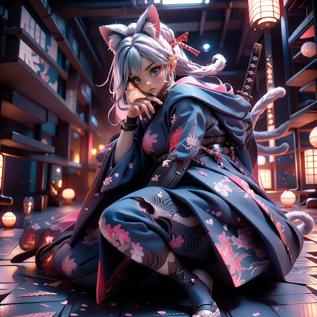 Moisturized Skin, (blue eyes), Realistic body, (Adult female body), Energetic, 3DCG, front, Pink lipstick, (Silver Hair), ((Cat ear)), Beautiful Hair, Long Hair, ponytail, (((Samurai Armor: 1.3))), ((masterpiece + Highest quality + High resolution + Very detailedな)), (whole body: 1.2), Get down on your right knee, Raise your left knee, Place your left hand on the ground, Holding a Japanese sword, Perfect fingers, Perfect limbs, Depiction from above, Anatomically correct, Textured skin, Very detailed,