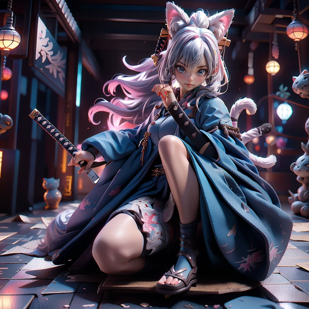 Moisturized Skin, (blue eyes), Realistic body, (Adult female body), Energetic, 3DCG, front, Pink lipstick, (Silver Hair), ((Cat ear)), Beautiful Hair, Long Hair, ponytail, (((Samurai Armor: 1.3))), ((masterpiece + Highest quality + High resolution + Very detailedな)), (whole body: 1.2), Get down on your right knee, Raise your left knee, Place your left hand on the ground, Holding a Japanese sword, Perfect fingers, Perfect limbs, Depiction from above, Anatomically correct, Textured skin, Very detailed, 