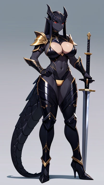 Busty female reptile,With shiny black scales and a long tail. Wearing a sleek and simple golden bikini armor. . Holding a sword,Posture upright,Full body portrait,
