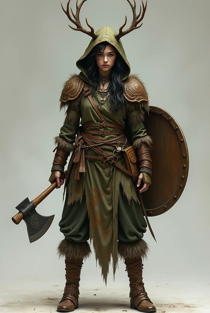 Create me a character for Dungeons and Dragons, a female human in the role of a shaman. The character is 2, tall, with a coat and a hood with deer antlers on the hood. No beard and a young face. In his hand an axe. As armor he wears large shoulder plates made of black wood. A large shield strapped to the back. With a dark green leather armor