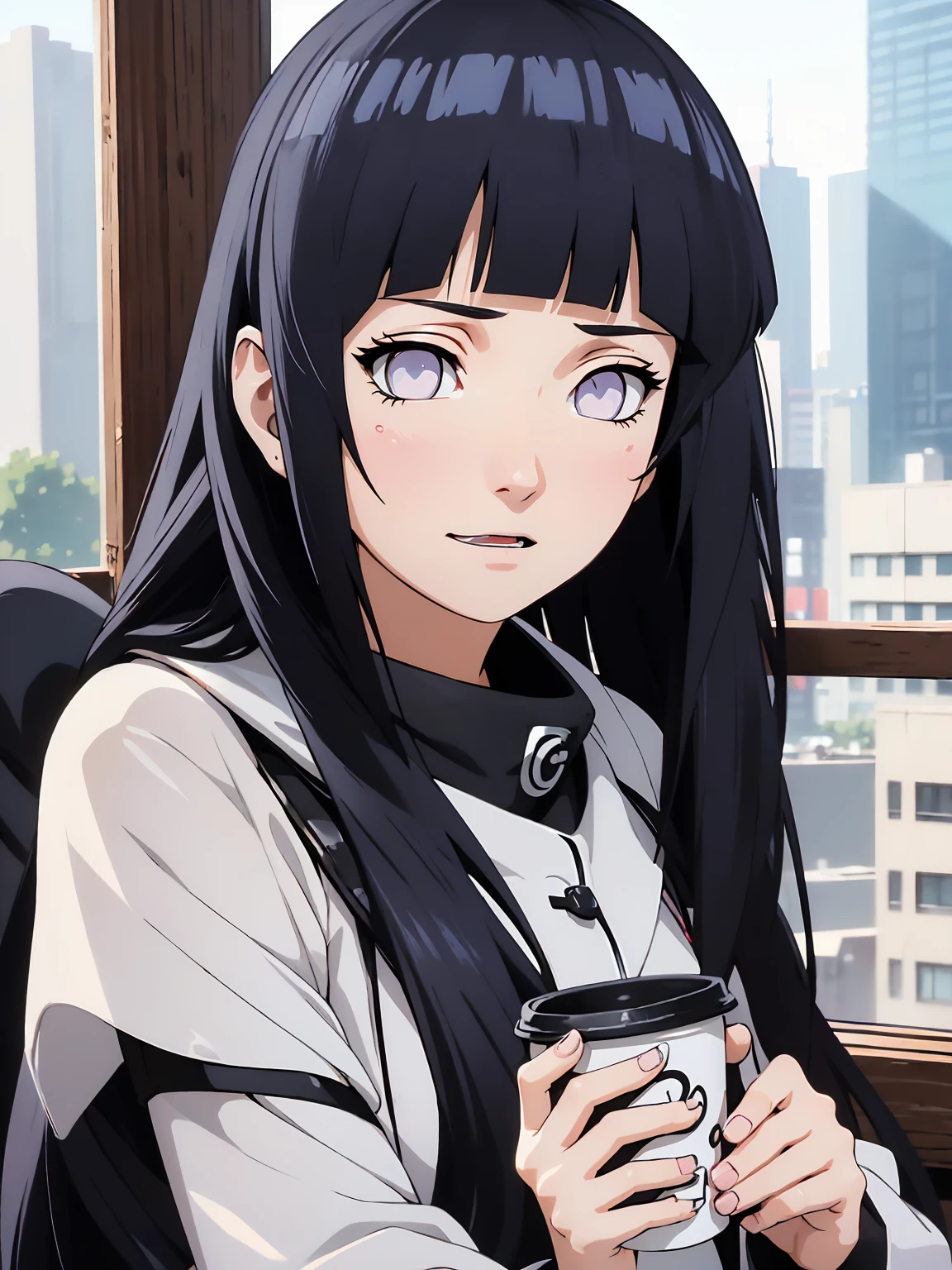 (masterpiece)), (best quality), expressive eyes, ((perfect face)), highly detailed, heart, (highly detailed eyes), (highly detailed face), ((4K)), ((8K UHD)), (((ultra-high texture quality))),( ultra-high pixel texture), (hyperdetailed), (Soft Graphic, Soft texture, soft quality photo)), (((HDR))), ((Japanese text)), (shiny skin), perfect hands, perfect eyes, perfect skin, (((ultra-delicate face))), ((delicate eyes)), double eyelids, beautiful and delicate photo, detailed background, BREAK anime girl with long black hair, drinking coffee , coffee shop, sitting in chair, near window, best anime 4k konachan wallpaper, girls frontline style, girls frontline cg, from girls frontline, anime girl ,1 girl((adorable)), (cute cat fang), (fangs), (cute), (glowing hair), (white hair), (light white eyes), (20 years old), pale skin, model, delicate eyelashes, (big adorable eyes)