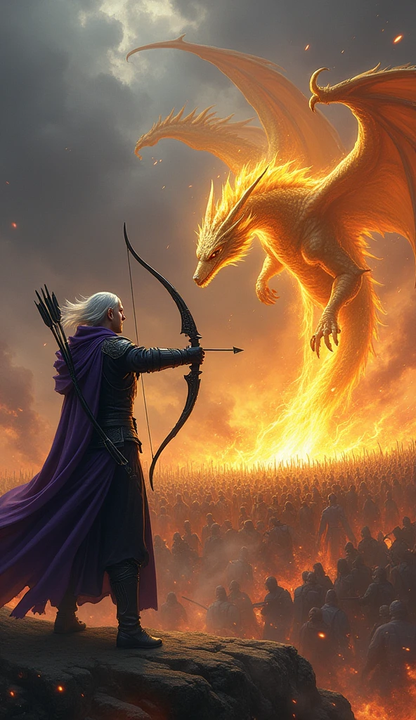 Amidst a stormy night, Raven, the dark elf archer, stands ready for his ultimate attack. Clad in deep purple leather armor, his silver hair whipping in the fierce winds, he nocks an arrow in his black bow. Dark clouds churn above, crackling with energy, as Raven releases the arrow. As it cuts through the stormy sky, the arrow transforms into a smaller yet fearsome dragon, its form glowing with fiery golden light.

The golden dragon, though not massive, roars fiercely as it charges toward the vast enemy horde spread across the battlefield. The dragon's wings create powerful gusts of wind, stirring up debris and scattering the front lines of the enemy. The dark army, stretching as far as the eye can see, stands in tight formation, their weapons gleaming ominously under the stormy sky.

The dragon dives into the center of the enemy ranks, and with every sweep of its wings, fiery energy erupts, searing through the soldiers. Its golden light blazes across the battlefield, cutting through the enemy like a blade through darkness. The horde, though vast, is no match for the dragon’s relentless assault. As the dragon weaves through the mass of enemies, flames erupt, igniting the battlefield and consuming the horde in a fiery inferno.

The dragon's fiery breath scorches the earth, reducing the enemy soldiers to ash as it passes over them. The once-unyielding ranks of the dark army crumble under the onslaught, their numbers rapidly diminishing as the dragon continues its assault. The battlefield, once teeming with enemies, is now a wasteland of charred remains and burning debris, illuminated by the dragon's fading glow.

As the last of the enemy forces fall, the golden dragon ascends into the sky, its light gradually dimming as it returns to the ether. Raven lowers his bow, the storm clouds parting to reveal the devastation left in the dragon's wake. The battlefield is now silent, the once-mighty horde reduced to smoldering ruins, a testament to the power of Raven's ultimate a