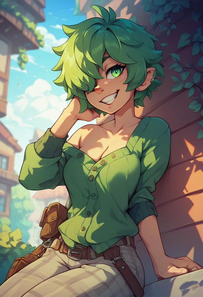 Three years old girl smiling short hair color green one eye covered by her hair