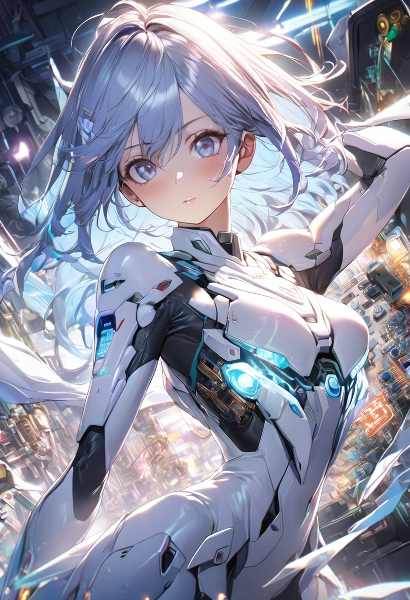 (1girl:1.3),full_body,White and blue mechs,(gundam:0.5),highly realistic,glassy translucence,graceful poses,blink-and-you-miss-it detail,Sci-fi light effects,(Illuminated circuit board:1.6),