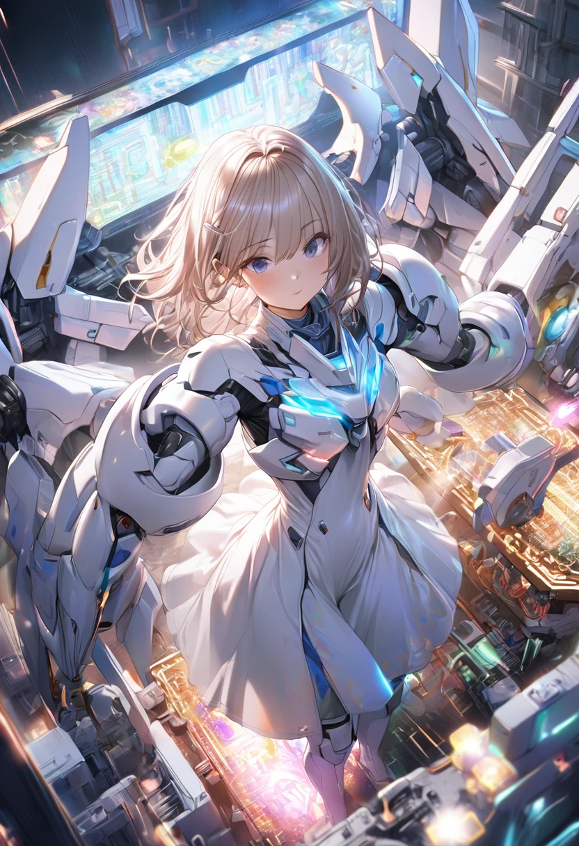 (1girl:1.3),full_body,White and blue mechs,(gundam:0.5),highly realistic,glassy translucence,graceful poses,blink-and-you-miss-it detail,Sci-fi light effects,(Illuminated circuit board:1.6),
