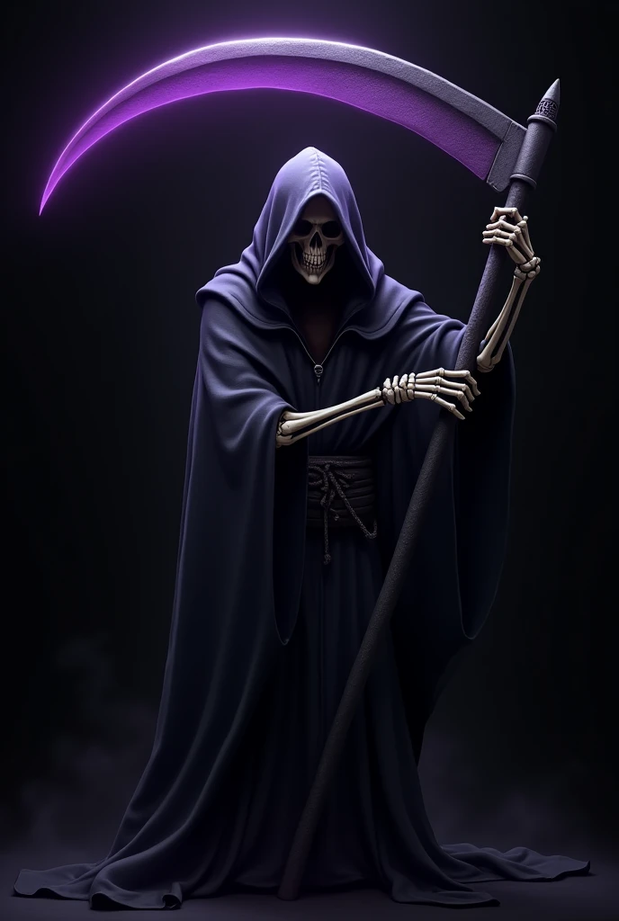 Dark hooded robe, bony hands holding a large scythe, black background with purple dim glows, skeleton features can't be seen