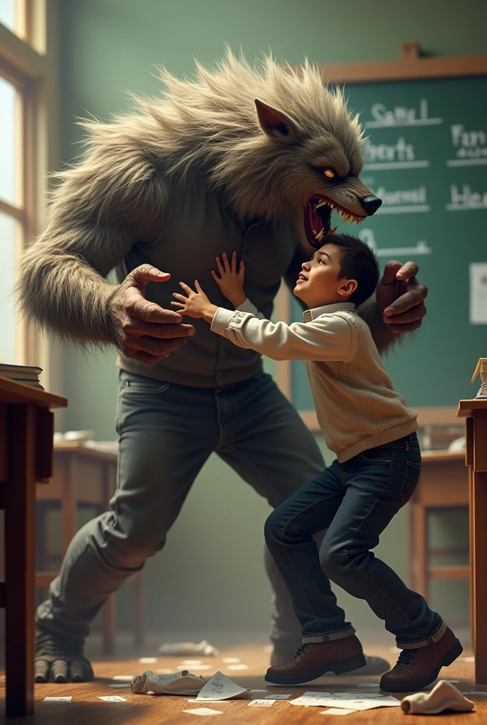 Wolf biting teacher(man and hairy) and the student (Child boy)try to help