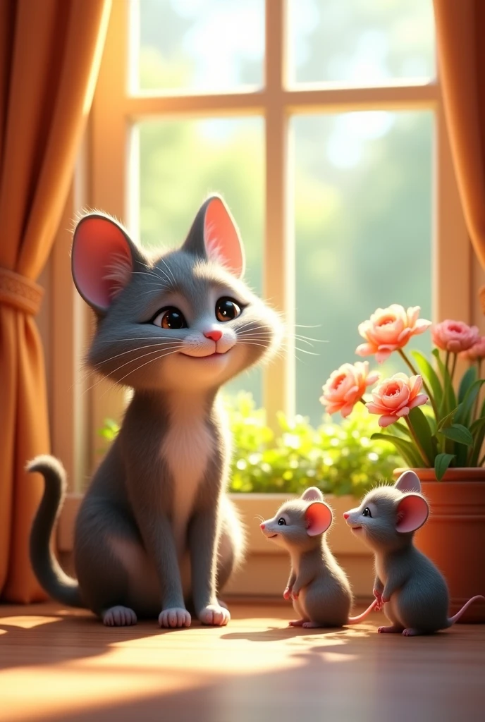 With a 3d Pixar Animation, A peaceful scene of a gray tabby cat sitting by a sunny window looking out at a blooming garden. The cat's expression is content and relaxed, with the warm light of a happy home surrounding her.
Adding a  and a  with the cat..all have to smiling 