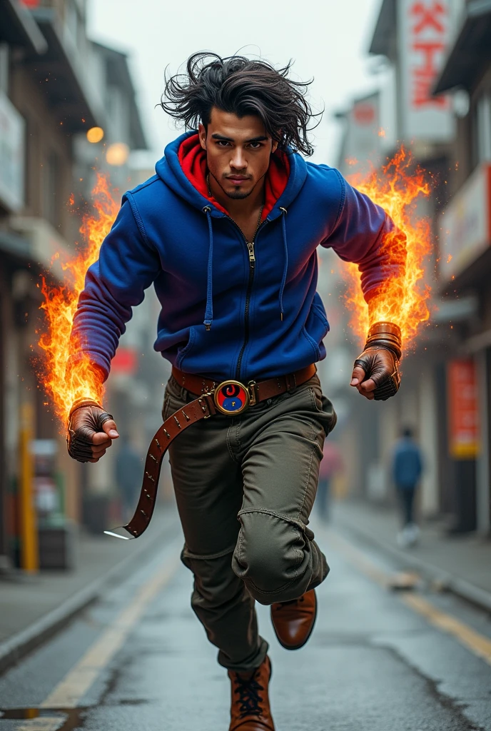 Boy age 20, latin, brown eyes, deep and cute eyes, royal blue hoodie, the hoodie hood is red into, right demon arm, right arm on flames, japanese street style, belt with a blue and red ying yang, chains around the belt, athletic, magic powers, action, cunning look, leather brown boots with metal pins, black cat nails, hero, full body, running hero pose, royal blue cargo pants, adult gohan hair, long sideburns