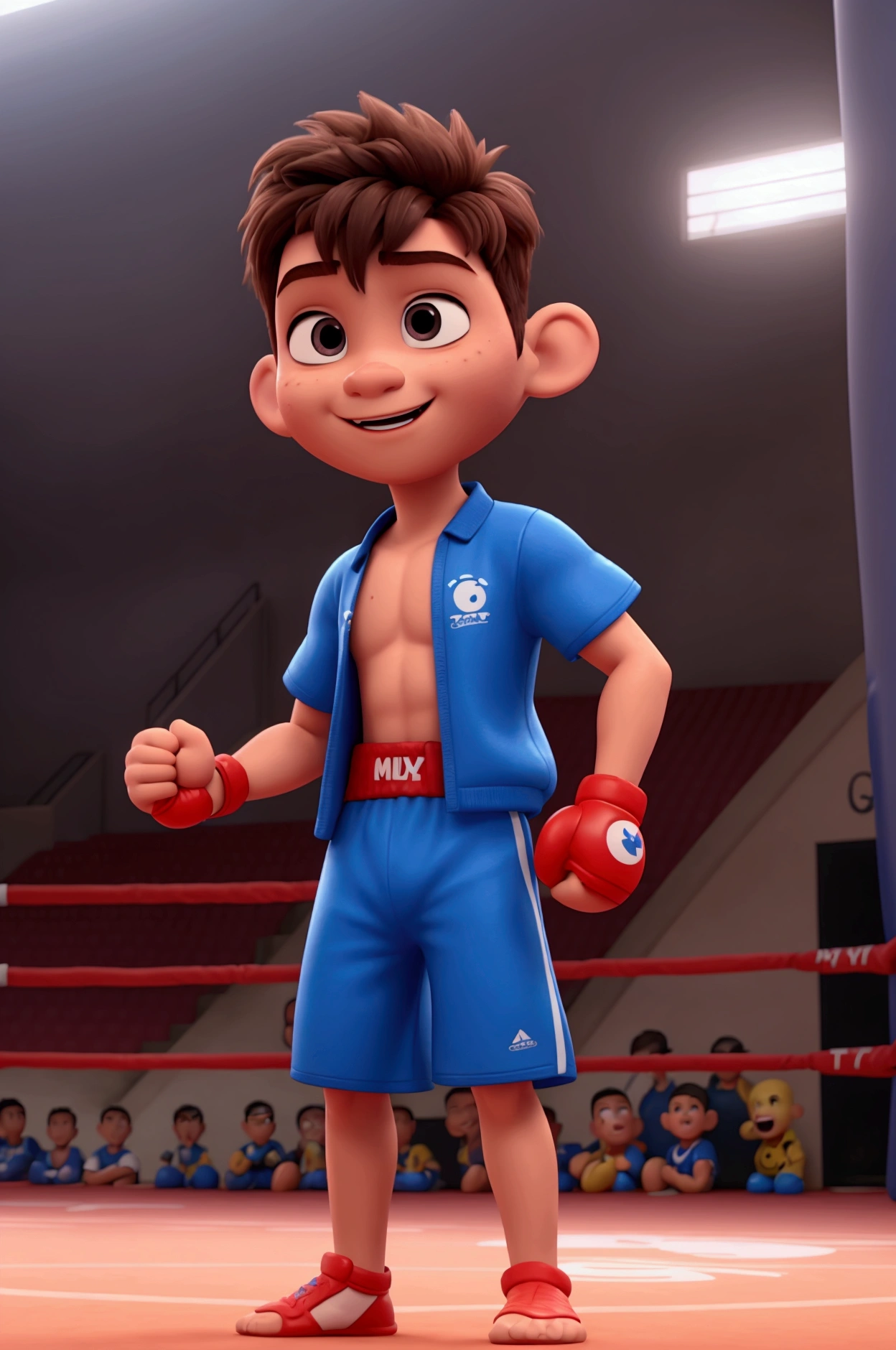 3D male character kids in sport boxing and muay thai, disney pixar style, high qualiy