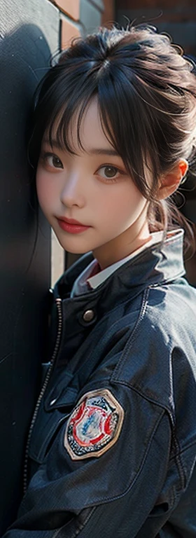 Asian woman in a blue jacket leaning against a wall, Face close-up, Side light