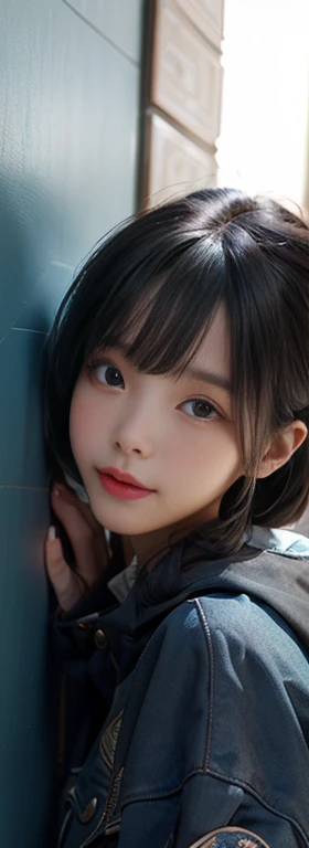 Asian woman in a blue jacket leaning against a wall, Face close-up, Side light