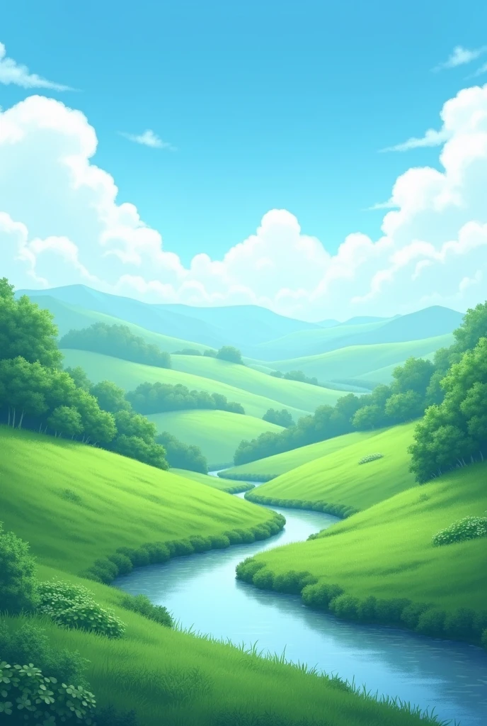  A serene landscape featuring rolling hills, a clear blue sky, and a tranquil river flowing through the lush greenery.A picturesque view of gentle hills under a bright sky, with a calm river winding through vibrant green fields.