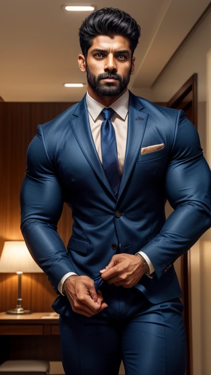 Handsome Vikram Raghavan Indian GURJAR man in tight formal suit and little trouser pull down with hand, huge bulge, head to thigh, from front view, realistic, hd, hdr