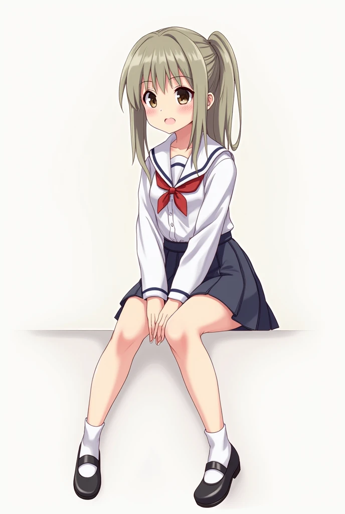 Draw a high school girl wearing a short skirt sitting down to show her panties