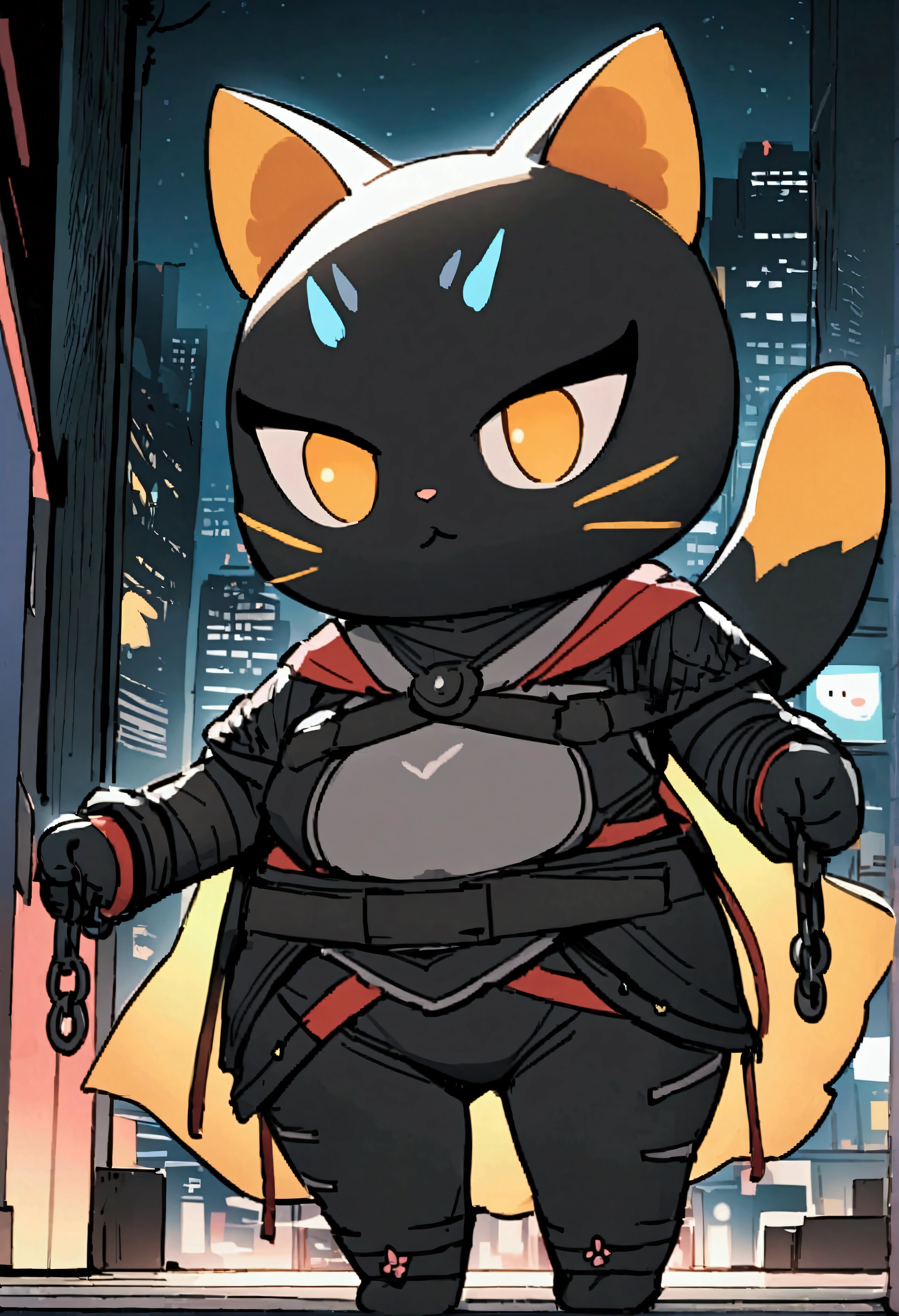 A ninja cat wearing a black mask and small nunchucks、Sneak through the modern cityscape at night、Show off your acrobatic skills。creative、(masterpiece)、unique、Chibi Animals、Detail Maximizer