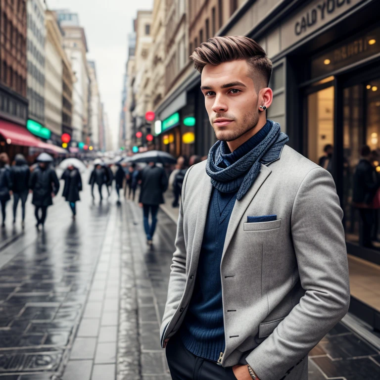 photo of a young man, jacket, studded ears, grey scarf, Sweater, short light brown hair swept by the wind, fit, Handsome, (effeminate), (shaved), eyeliner, standing on the catwalk, the background is a crowded street, bokeh, rain, humid, cloudy, artificial lights, detailed face and eyes, highly detailed skin, 8K UHD, sharp focus, professional, better quality