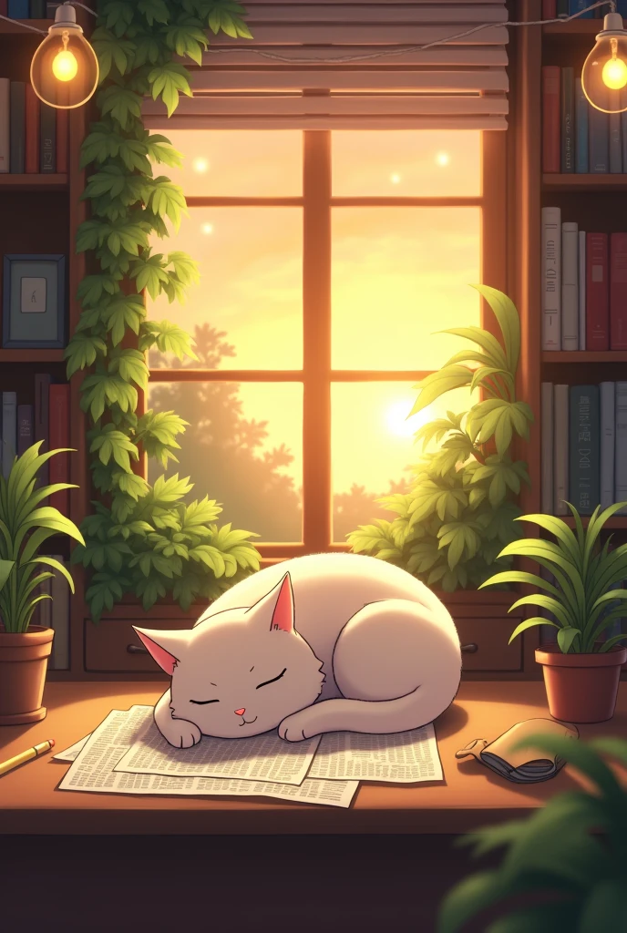 Studio Ghibli style a cozy indoor scene featuring a sleeping white cat curled up on a table beside window. there is a newspaper,some pens left irregular on the table too. In the background, there are bookshelves filled with books, and lush green plants are growing by the window, with warm sunlight streaming in.Soft string lights are visible above, enhancing the warm, peaceful vibe of the space. The warmness of sunset reflecting through the window, making it nostalgic vibe. Highly detailed room decoration,full HD,8K resolution anime style