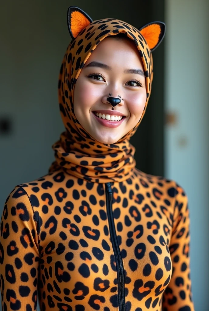 The beautiful asian muslumah adult girl with beautiful cheeks wears ocelot print lycra turtleneck unitard catsuit covered with spots and ocelot print print lycra elastane stretchy dancewear 100% stretchy hijab covered with spots.She is happy.She always put fake cat whsikers and nose that are made of black makeup marker pen.