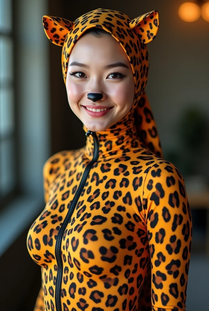 The beautiful asian muslumah adult girl with beautiful cheeks wears ocelot print lycra turtleneck unitard catsuit covered with spots and ocelot print print lycra elastane stretchy dancewear 100% stretchy hijab covered with spots.She is happy.She always put fake cat whsikers and nose that are made of black makeup marker pen.