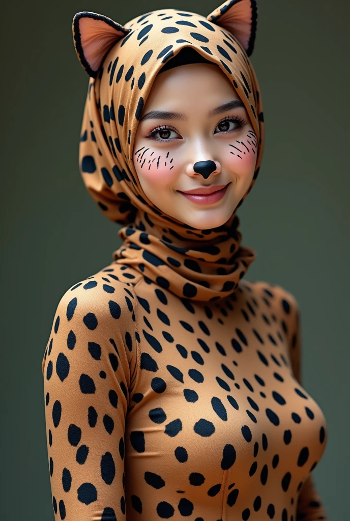 The beautiful asian muslumah adult girl with beautiful cheeks wears ocelot print lycra turtleneck unitard catsuit covered with spots and ocelot print print lycra elastane stretchy dancewear 100% stretchy hijab covered with spots.She is happy.She always put fake cat whsikers and nose that are made of black makeup marker pen.