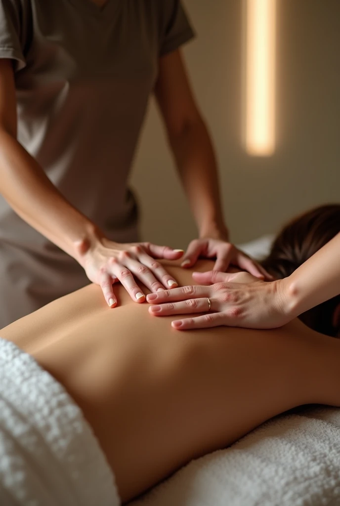 photorealism
is an image showing the back of a girl who is being massaged and the hands of another girl's masseur, the image style is realistic, in warm tones, the mood is relaxation and tranquility