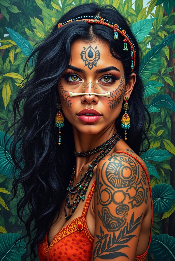 Portrait of a wild indigenous woman with a tattoo on her face and a bone going through her nose like a piercing, dans la jungle peinture coloré