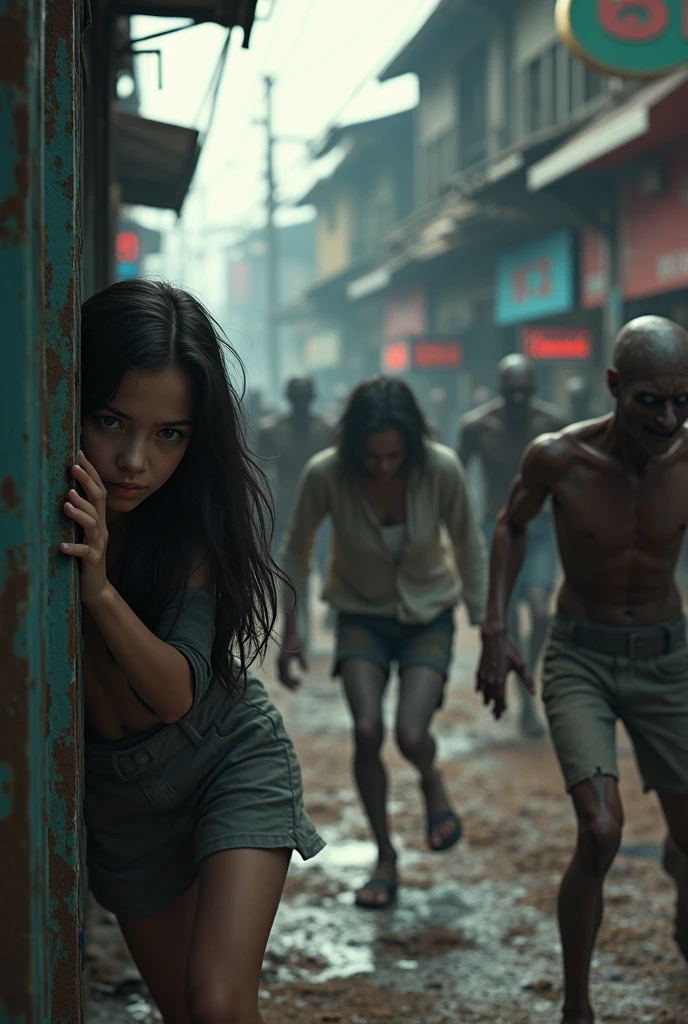 "Image of the zombie outbreak in Chiang Mai, Zombies walk along the pedestrian street, The atmosphere is gloomy.,A  girl with long black hair is hiding behind a building trying to escape the zombies, action movie style."