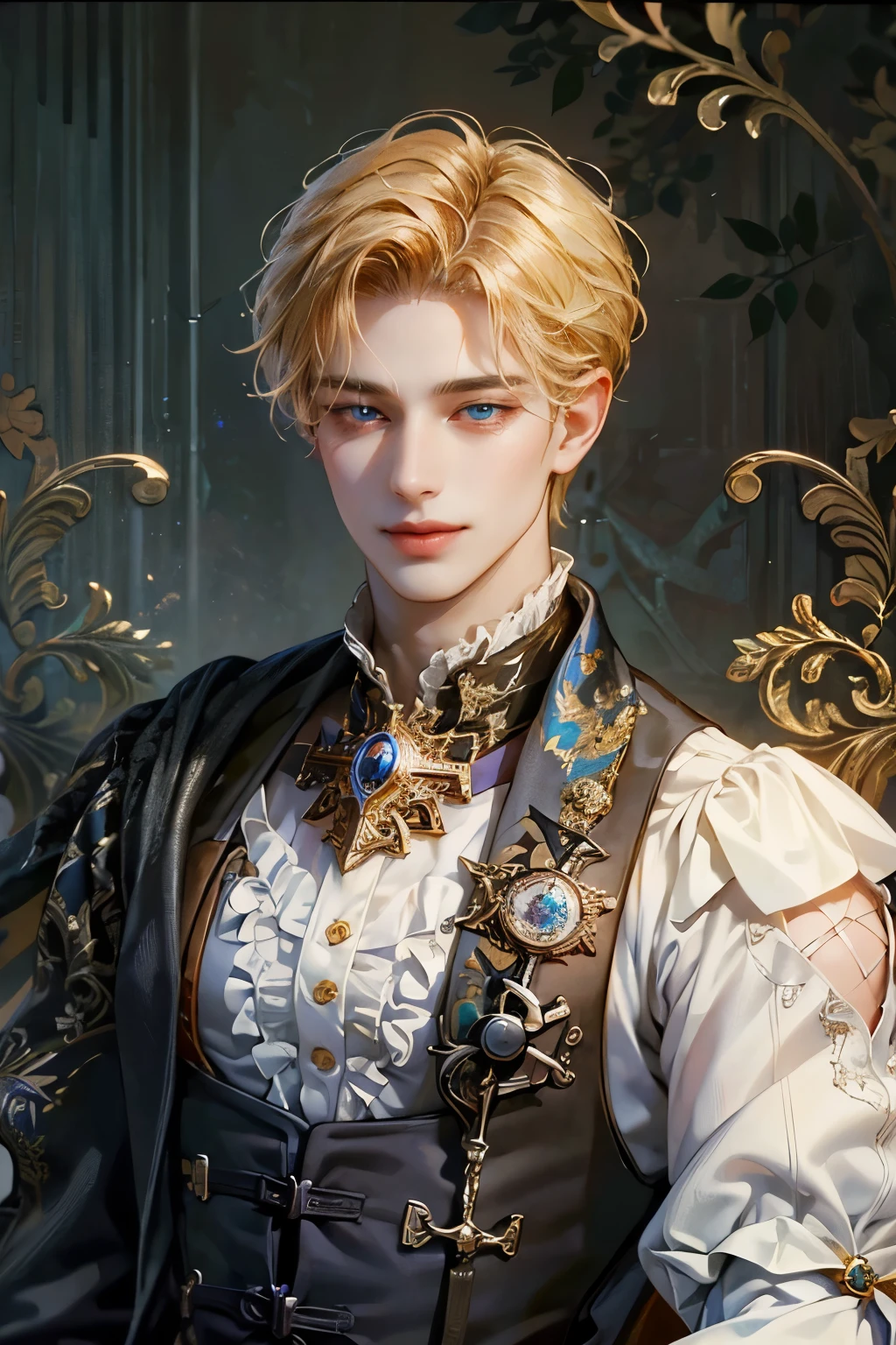 (masterpiece, top quality, best quality, beautiful and aesthetic:1.2), boy, handsome, extreme detailed faces, (fractal art:1.3), colorful, highest detailed, (perfect face), shiny skin, HDR, cantarella, detailed background , 1 person, 20 years old, 18th century European noblemen，Duke Heir，blond，blue eyes, hansome, confidence，Leadership，Thin lips，His eyes are sharp，white shirt，Narrow shoulders, Smile, Sharp eyes