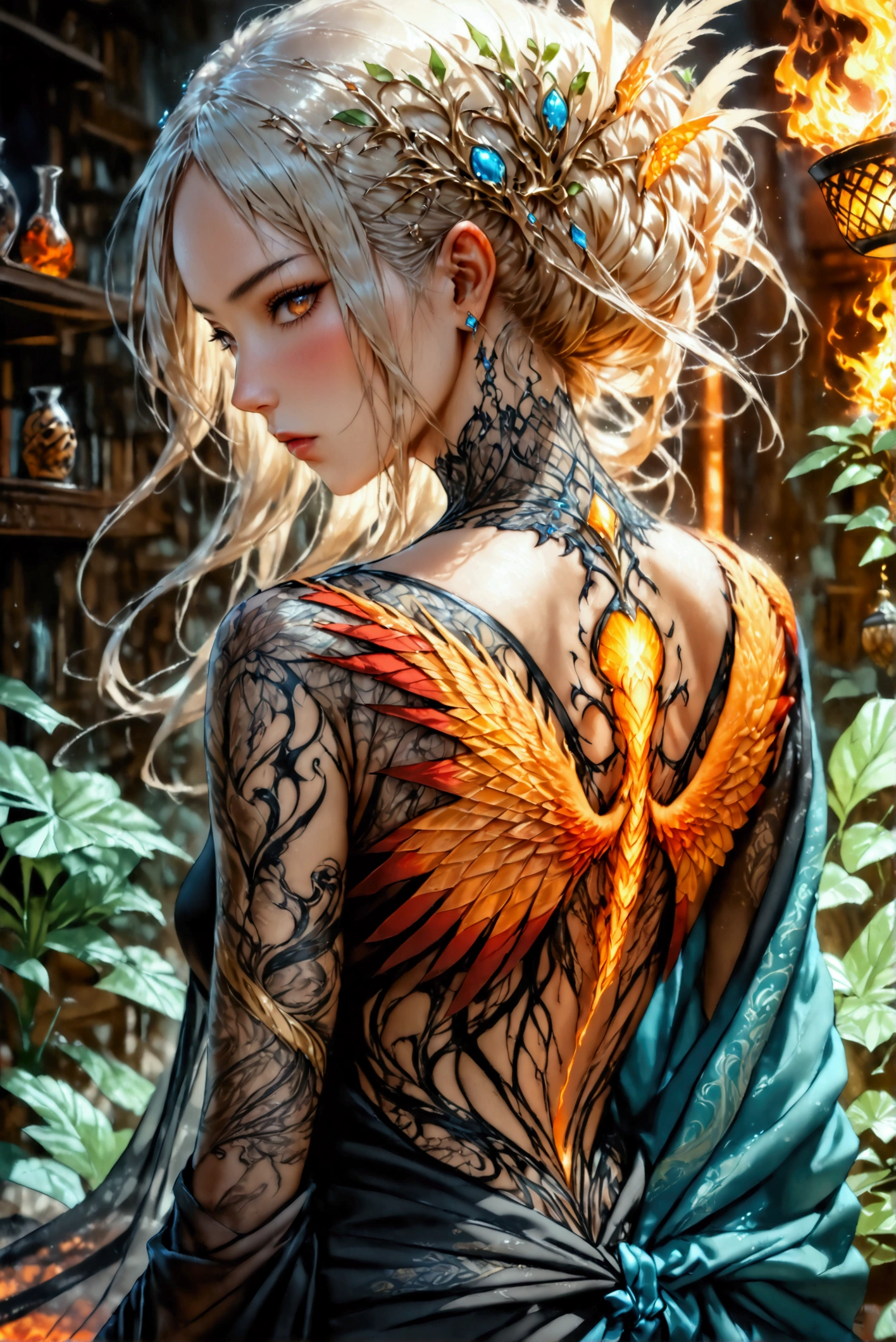 watercolor art, fantasy art, goth art, a picture of a tattoo on the back of a female elf, a glowing tattoo of a ((phoenix: 1.3)) on the elf's back, the ((phoenix tattoo)) is vivid, intricate detailed coming to life from the ink to real life, ((fire surrounds the phoenix: 1.5)), shoot taken from the back, ((the back is visible: 1.3), a most beautiful elf, exquisite beauty, small pointed ears, long hair, she wears a transparent black dress, the dress is elegant, flowing, elven style, that the tattoos glow, dynamic hair color, dynamic hair style, cinematic light, High Detail, Ultra High Quality, High Resolution, 16K Resolution, Ultra HD Pictures, 3D rendering Ultra Realistic, Clear Details, Realistic Detail, Ultra High Definition,Comistyle, faize, art by mooncryptowow