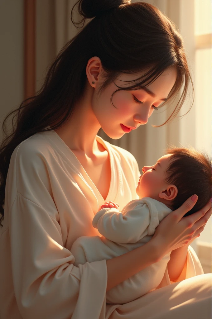 Chinese girl feeding her breast to her new born sister