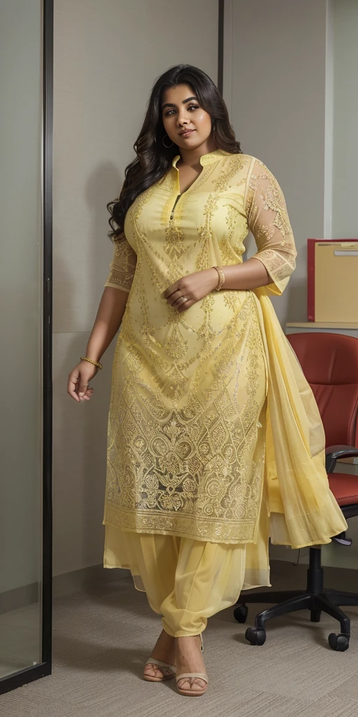 Day scene, A radiant, full-figured South Indian 3 aunty a light yellow colour chiffon fully transparent kurta, bra visible through kurta, ,standing, in a office captured in a full-body image with vibrant hues and meticulous details. Full body image