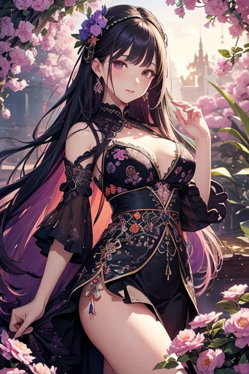 Visually appealing, high-resolution design、 The central figure is、The skirt is adorned with an intricate pattern of deep purple with silver accents., This detailed illustration is、It captures an atmosphere reminiscent of the elegance and cultural richness of a bygone era., Add depth to your projects、 The background is orange bush clover flowers.