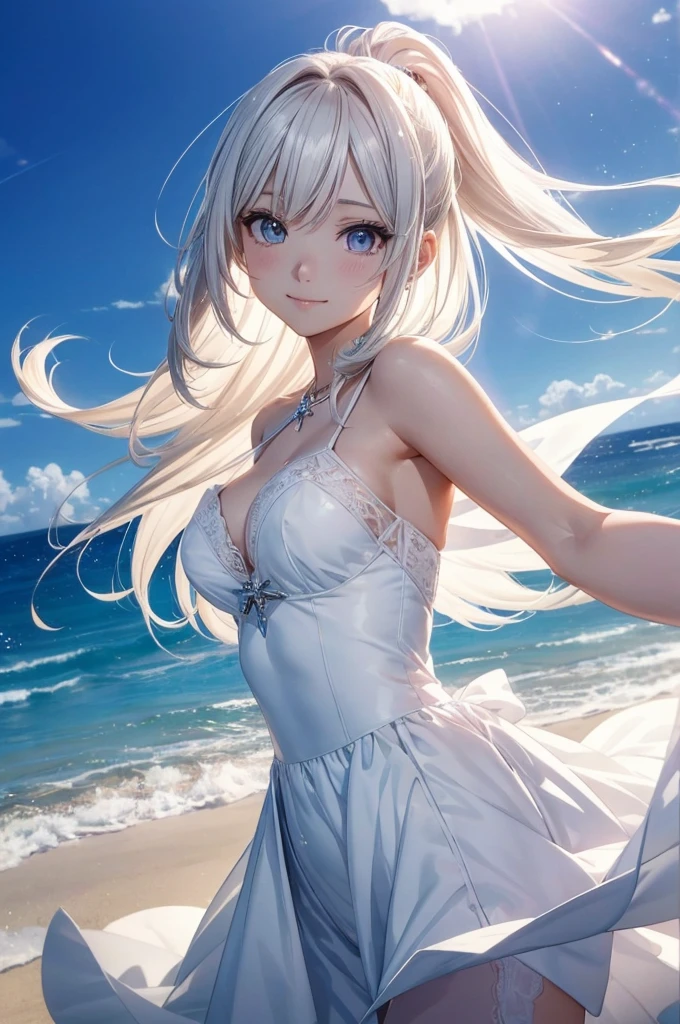 Close-up, 1. Female, face, (1. Female:1.37, alone), (beautiful, cute, 詳細なface), (Semi-long hair, ponytail), (細部までbeautiful緑色の目), (Smile), Idol, break, sunny, White color from diagonally above, At the sparkling beach, Pure white all lace dress, Swaying in the Wind, Dynamic Pose, One cut from a music video, The cameraman takes the best shot from the angle, Very detailed CG 統合 8k 壁紙, Very nice 8K CG wallpaper, Anime Moe Art Style, cuteのアニメビジュアル, Anime Styleのポートレート, Anime Styleに, beautifulアニメ, 8K Anime Art Style, Anime Style、Detailed 8K animation, (masterpiece, Highest quality), High resolution, Very detailed, Ultra Sharp, Cinema Lighting