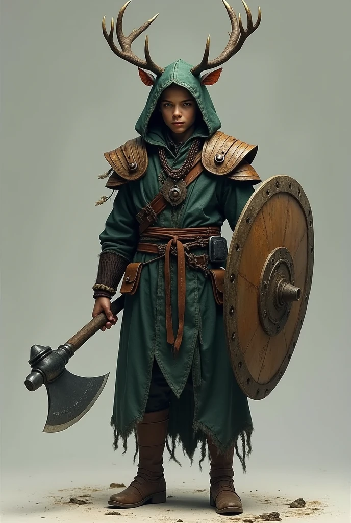 Create me a character for Dungeons and Dragons, a person in the role of a shaman. The character is 2, tall, with a coat and a hood with deer antlers on the hood. No beard and a young face. In his hand an axe. As armor he wears large shoulder plates made of black wood. A large shield in the left hand. With a dark green leather armor 