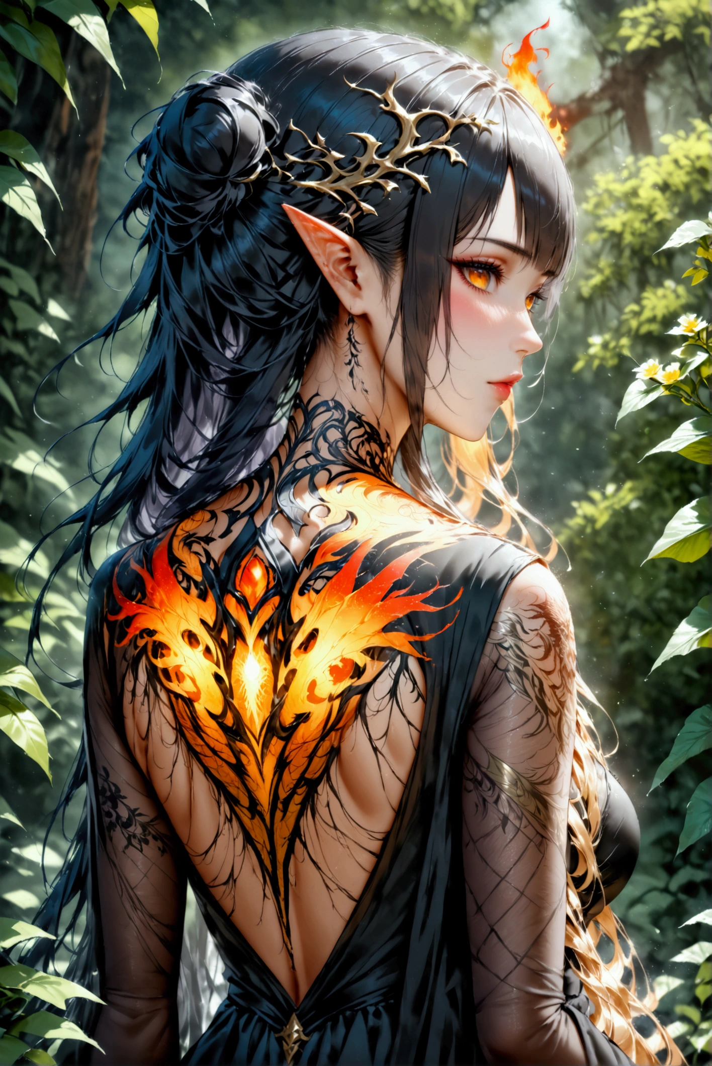 watercolor art, fantasy art, goth art, a picture of a tattoo on the back of a female elf, a glowing tattoo of a ((phoenix: 1.3)) on the elf's back, the ((phoenix tattoo)) is vivid, intricate detailed coming to life from the ink to real life, ((fire surrounds the phoenix: 1.5)), shoot taken from the back, ((the back is visible: 1.3), a most beautiful elf, exquisite beauty, small pointed ears, long hair, she wears a transparent black dress, the dress is elegant, flowing, elven style, that the tattoos glow, dynamic hair color, dynamic hair style, cinematic light, High Detail, Ultra High Quality, High Resolution, 16K Resolution, Ultra HD Pictures, 3D rendering Ultra Realistic, Clear Details, Realistic Detail, Ultra High Definition,Comistyle, faize, art by mooncryptowow