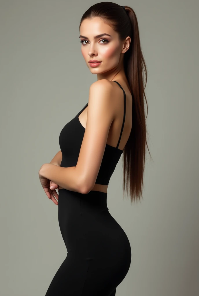 A very realistic and detailed photo of italian woman,tight black skirt, perfect makeup, long straight sleek brown hair, high quality photo 4k, very detailed, perfect fit, looking at the camera, detailed realistic face, detailed almond eyes, confident, perfect ponytail