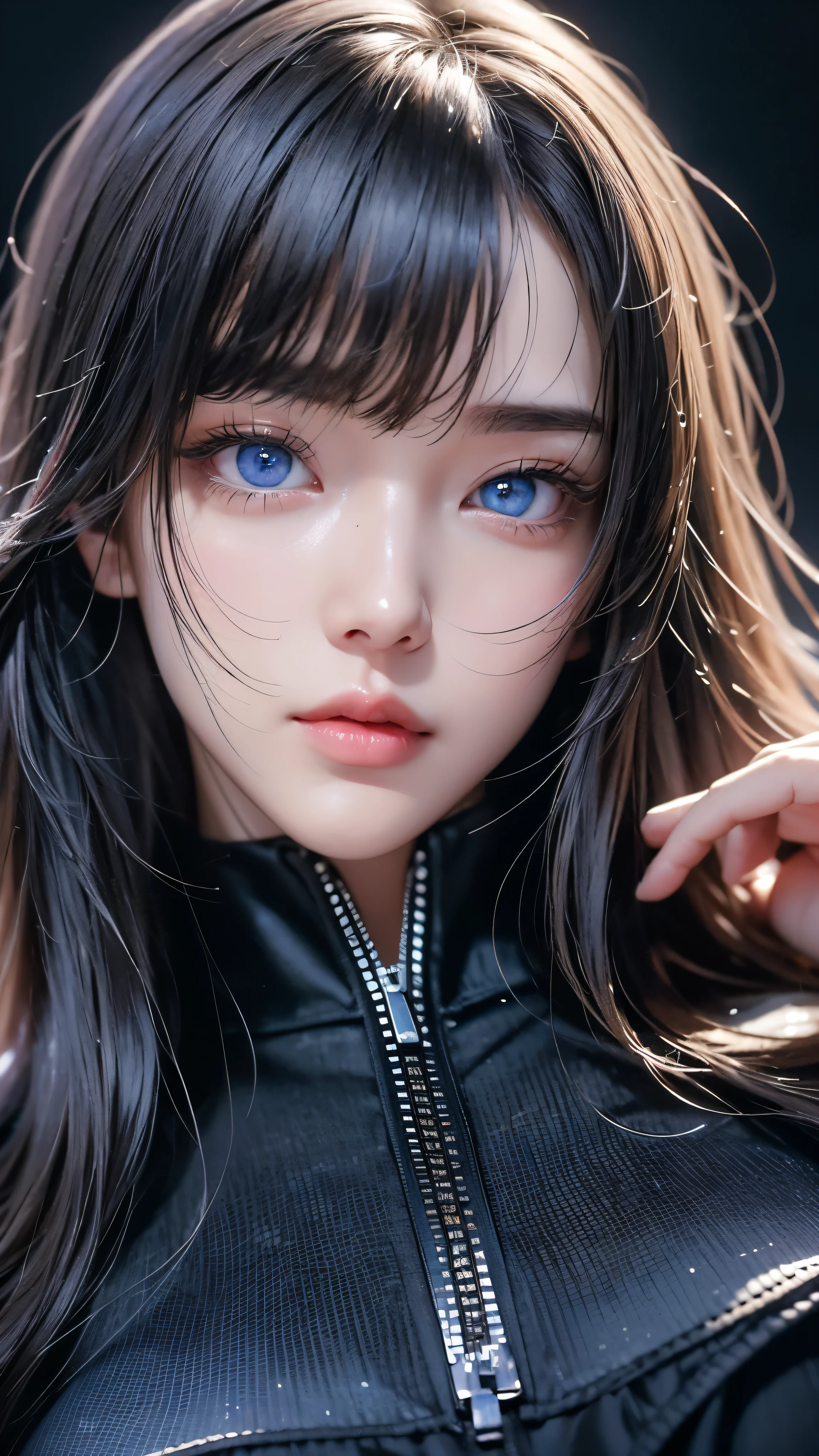 masterpiece, Highest quality, Very detailed, Facing the camera, Super detailed, Realistic, Sharp features, Very detailed, Sharp focus, Perfect Face, Perfect Face, Perfect symmetrical perfect eyes, Perfect Plump Lips, Flexible female form, cinematic, Film Light, Super detailed, hyper Realistic, masterpiece, Atmospheric, High resolution, Vibrant, Dynamic Studio Lighting, ((Dark Background)), The expression when receiving pleasure, Straight bangs, Blue eyes,Black sweater, Cowboy Shot, Big Breasts,zipper