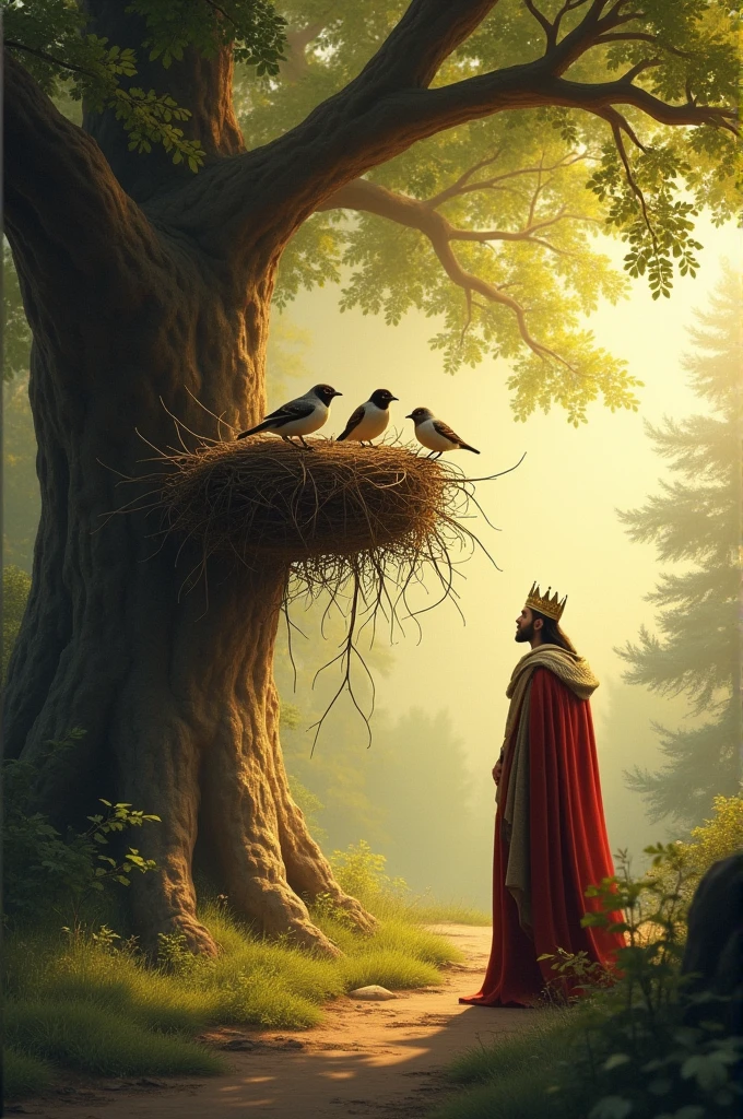 Closeup look on The sparrows are seen building their nest in a tree, while the king observes them from a nearby path, bathed in the golden light of morning.