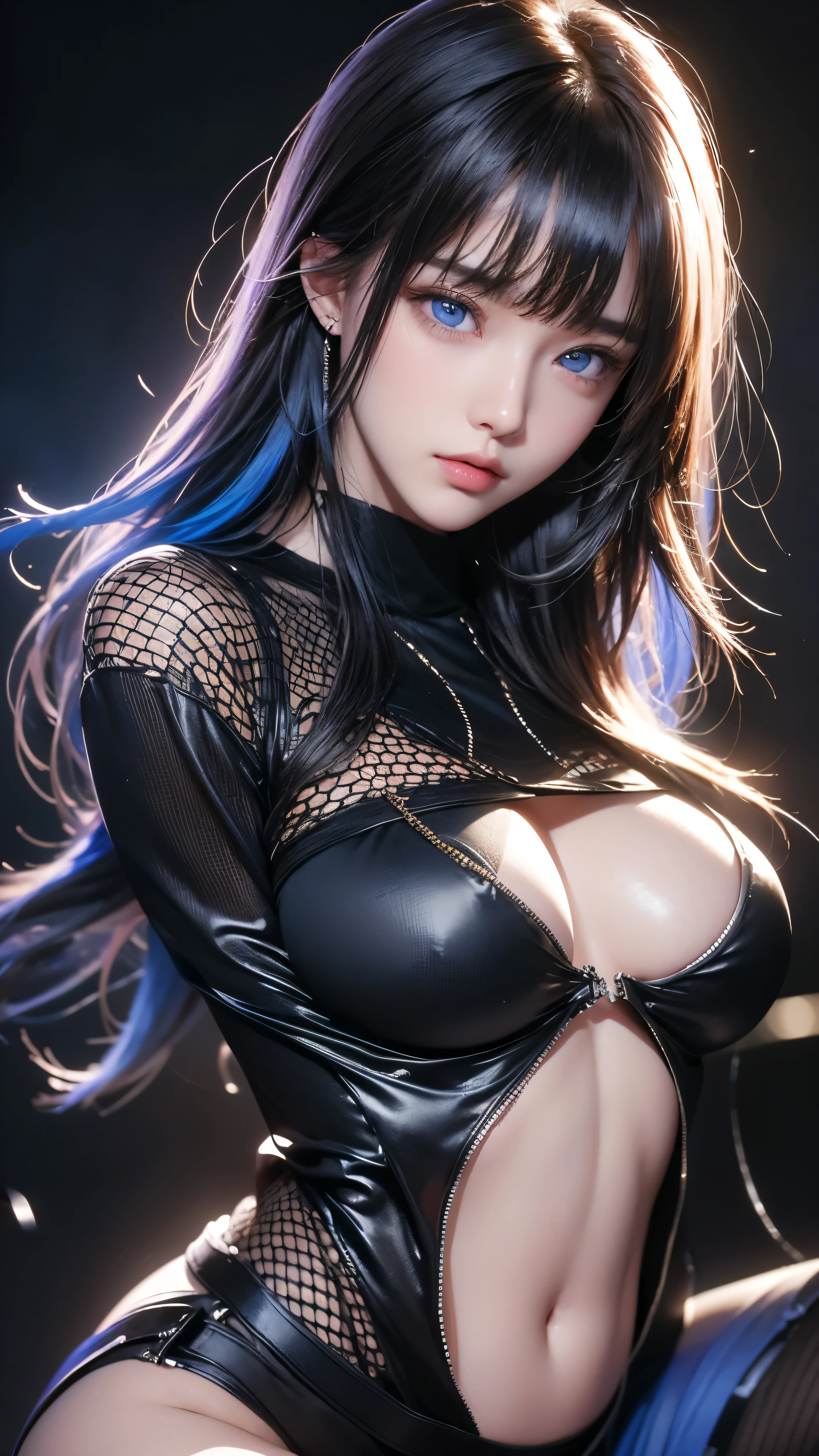 1 woman, blue hair, black dress, sexy, large breasts, parted lips, long hair