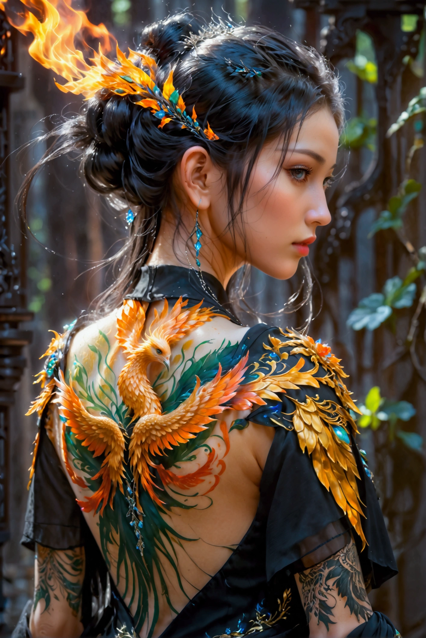 watercolor art, fantasy art, goth art, a picture of a tattoo on the back of a female elf, a glowing tattoo of a ((phoenix: 1.3)) on the elf's back, the ((phoenix tattoo)) is vivid, intricate detailed coming to life from the ink to real life, ((fire surrounds the phoenix: 1.5)), shoot taken from the back, ((the back is visible: 1.3), a most beautiful elf, exquisite beauty, small pointed ears, long hair, she wears a transparent black dress, the dress is elegant, flowing, elven style, that the tattoos glow, dynamic hair color, dynamic hair style, cinematic light, High Detail, Ultra High Quality, High Resolution, 16K Resolution, Ultra HD Pictures, 3D rendering Ultra Realistic, Clear Details, Realistic Detail, Ultra High Definition,Comistyle, faize, art by mooncryptowow