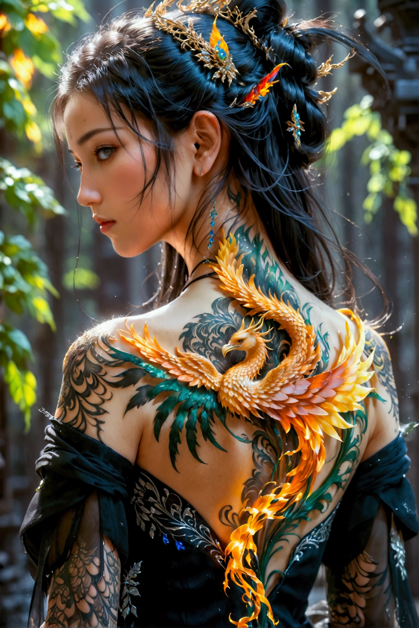 watercolor art, fantasy art, goth art, a picture of a tattoo on the back of a female elf, a glowing tattoo of a ((phoenix: 1.3)) on the elf's back, the ((phoenix tattoo)) is vivid, intricate detailed coming to life from the ink to real life, ((fire surrounds the phoenix: 1.5)), shoot taken from the back, ((the back is visible: 1.3), a most beautiful elf, exquisite beauty, small pointed ears, long hair, she wears a transparent black dress, the dress is elegant, flowing, elven style, that the tattoos glow, dynamic hair color, dynamic hair style, cinematic light, High Detail, Ultra High Quality, High Resolution, 16K Resolution, Ultra HD Pictures, 3D rendering Ultra Realistic, Clear Details, Realistic Detail, Ultra High Definition,Comistyle, faize, art by mooncryptowow