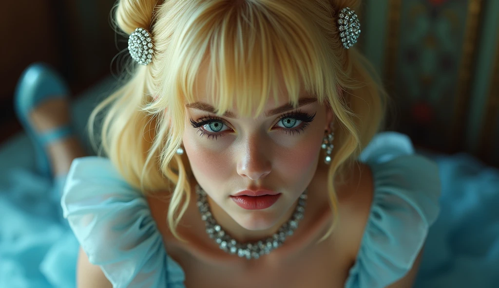Cinderella,Cinderella,Yandere,Blonde,Retro Hairstyle,Diamond Hair Accessories,Blue shoes,Crystal slippers,a disdainful expression