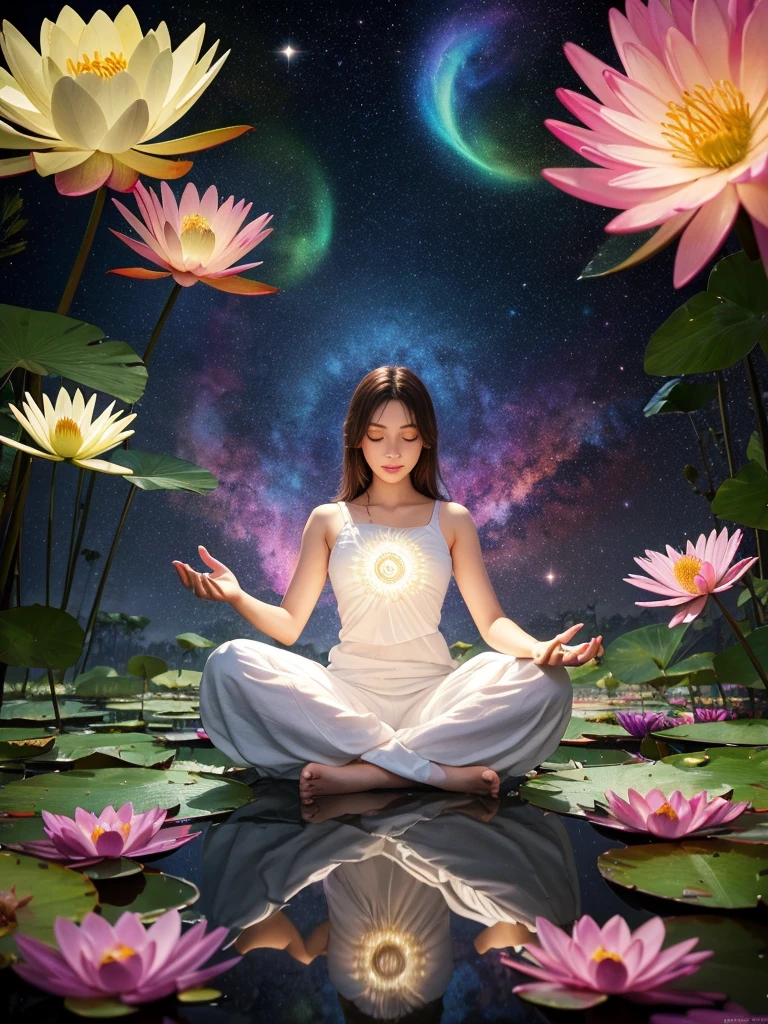 Colorful glow, Spectrum of light surrounding yoga postures and the seven chakras, Vibrant colors、An explosion of colors, Beautiful woman in white clothes sitting on a water lily, Complicated stuff, The background is complicated, spiritual, god聖な, dream-like, Cosmic, Shocking, god, pineal gland, dream-like, (Highly detailed CG Unity 16k wallpaper:1.1), (Noise reduction strength: 1.45), (masterpiece:1.37), Ultra-realistic, god rays, Ray Tracing, Ultra-high resolution, Awards