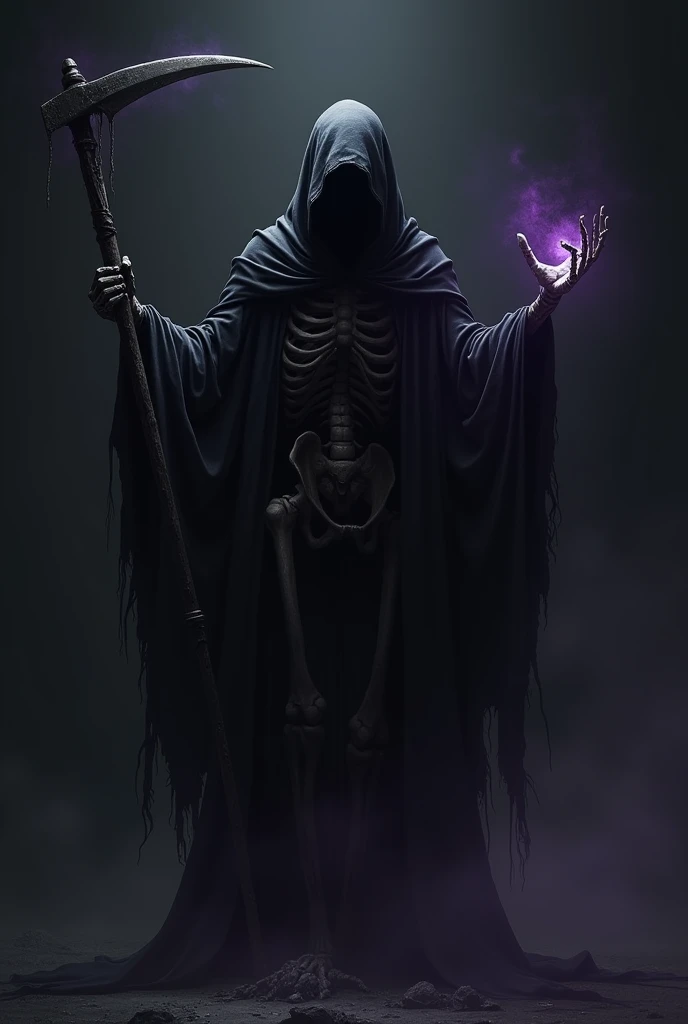 Dark hooded robe, bony hands holding a large scythe, black background with purple dim glows, skeleton can't be seen, robe extending outwards