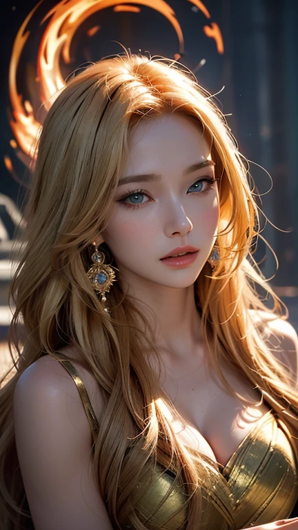 a beautiful woman，With stunning facial features, long golden blonde hair, and a confident expression, Cast powerful fire magic spells, detailed portrait, Practical, photoPractical, best quality, 4k, 8K, High resolution, masterpiece, Extremely detailed, Bright colors, Dramatic Lighting