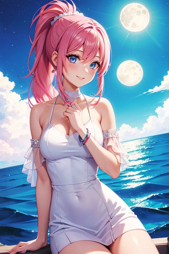 Attractive woman with pink hair, ponytail, Bright pink hair, Sapphire-like blue eyes,A skimpy white dress, accessories, smile, high quality. Lake Background. night, full moon