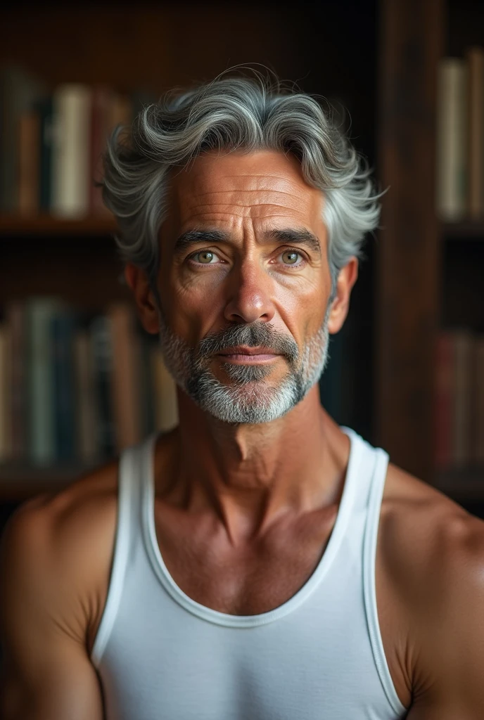 8K, Highest quality, masterpiece, Ultra-high resolution, study room, 1 male, male face, sanpak eyes, looking at viewer, looking up, natural pose, short hair, wavy hair, shiny hair, gray hair, Tank top
